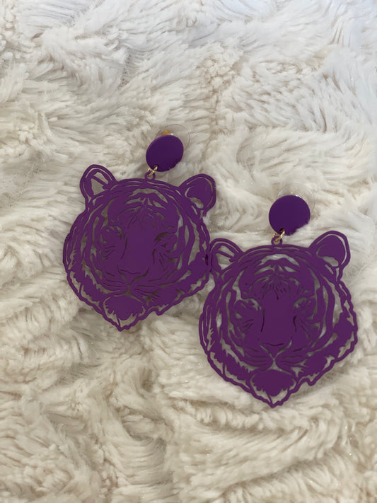 Purple Metal Tiger Cut Out Earrings with Top Stud
