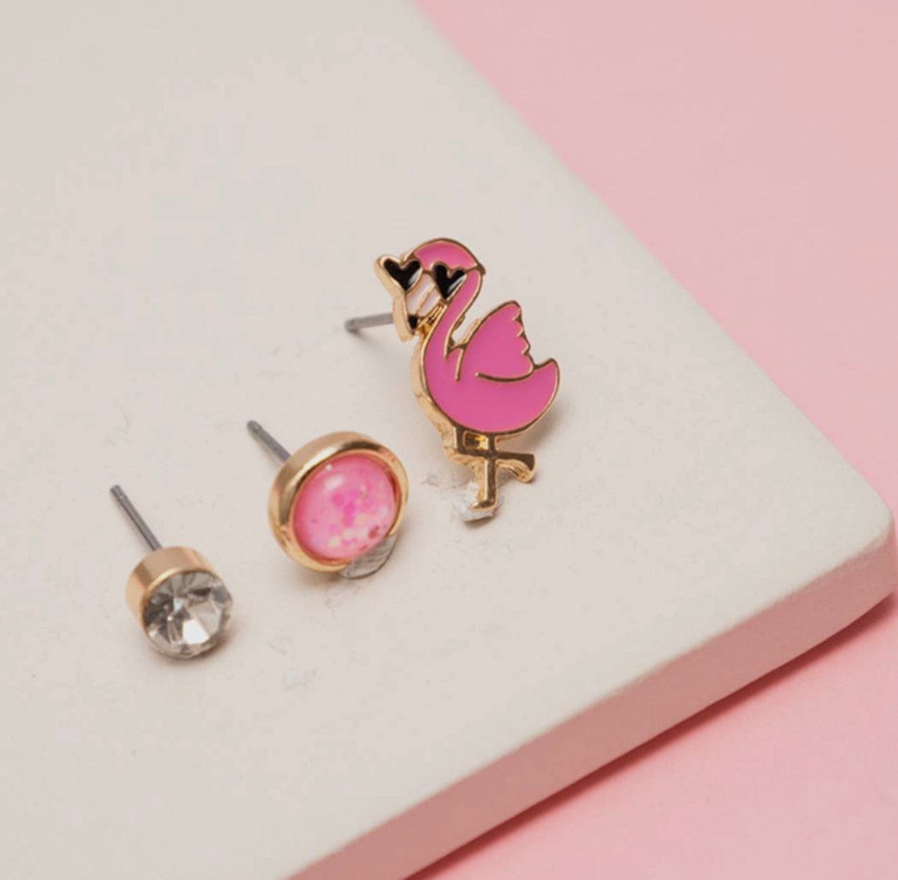 Set of 3 Girl Studs - Flamingo, Pink and Clear Studs