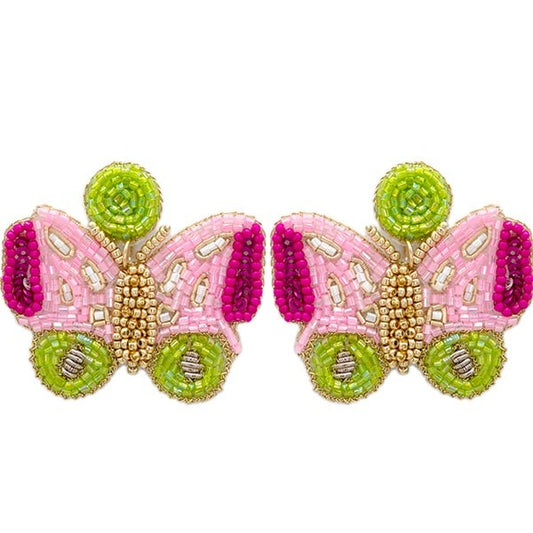Pink and Green Butterfly Beaded Earrings