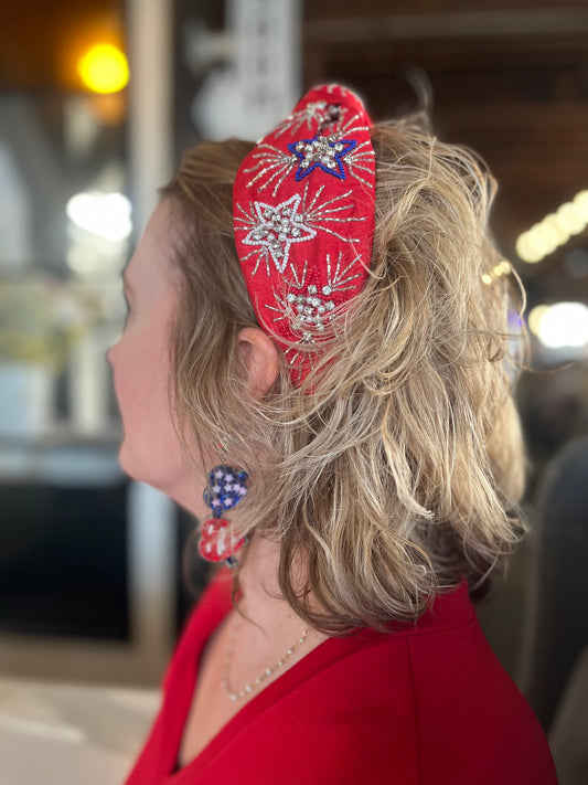 Fireworks Patriotic Red Headband with Red, White and Blue Beading