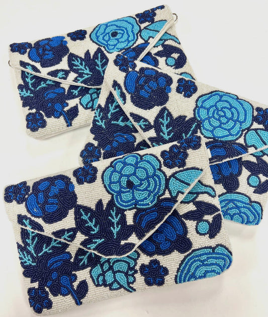Blue and White Flower Beaded Clutch