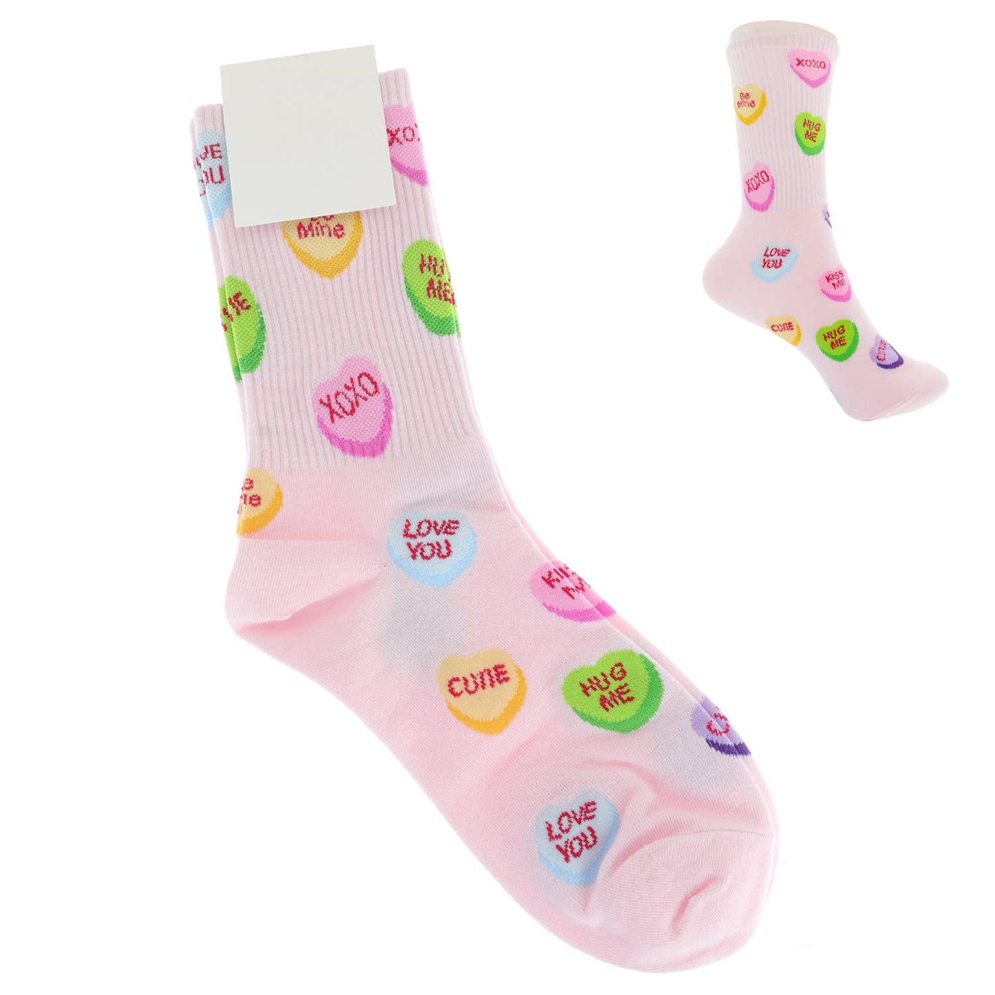 Valentine's Conversation Hearts Pattern Cotton Crew Socks: Pink