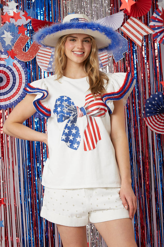 Americana Ribbon Print Shoulder Ruffle Top