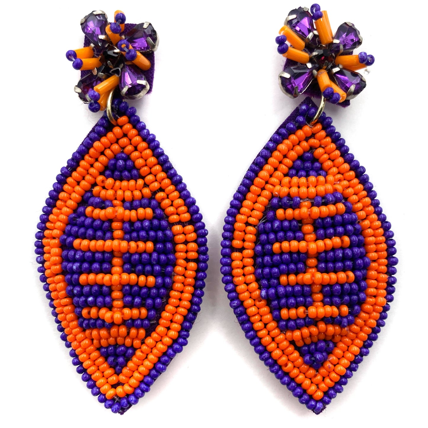 Football Team Seed Bead Post Dangle Earring - Purple & Orange