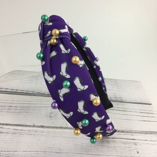 Mardi Gras marching boot knot headband with pearls