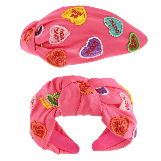 Beaded Valentine's Conversation Hearts Knotted Headband: Pink