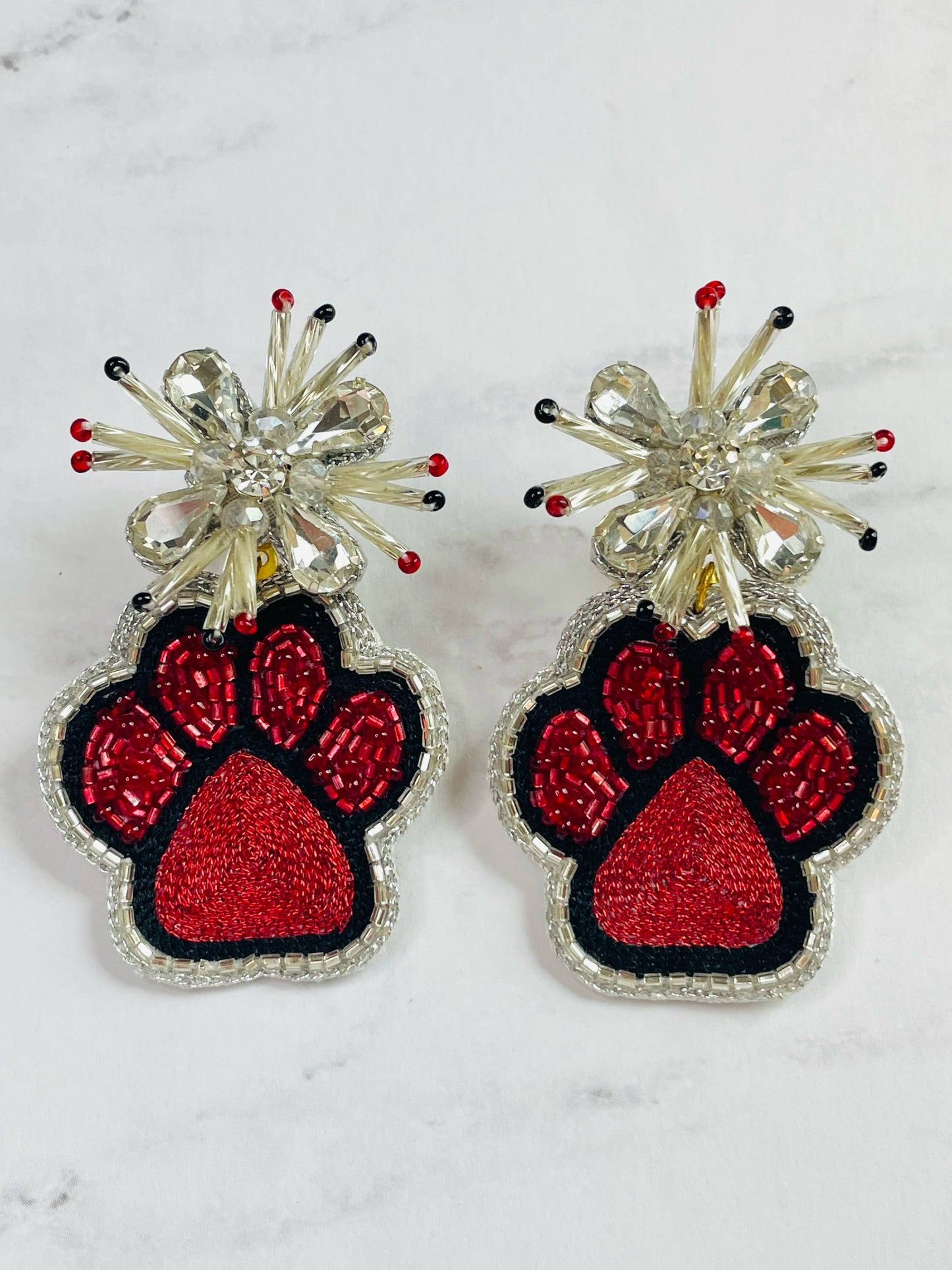 Black & Red Paw Beaded Earrings