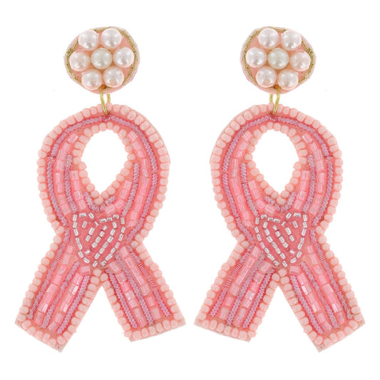 Pearl Pave Post w/ Varied Beaded Pink Ribbon Dangle Earrings