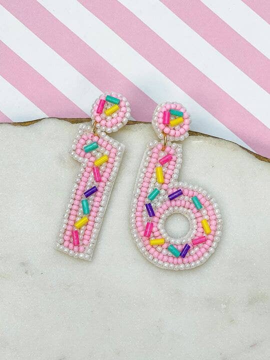 '16' Birthday Beaded Dangle Earrings