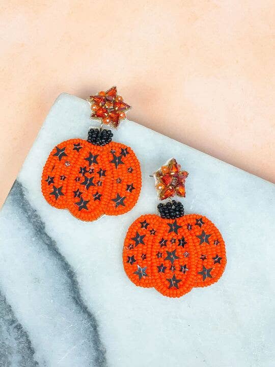 Sequin Star Pumpkin Beaded Dangle Earrings - Orange