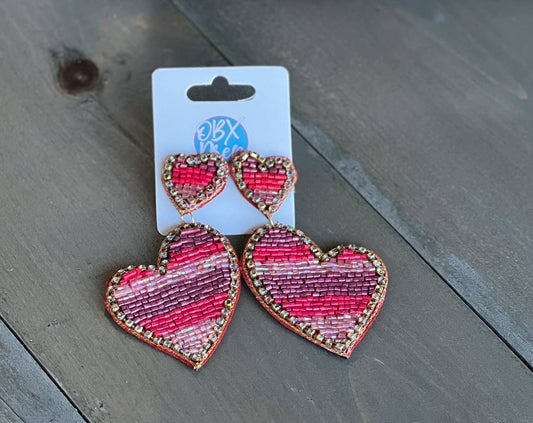 Double Heart Striped Shape Seed Bead Drop Earrings