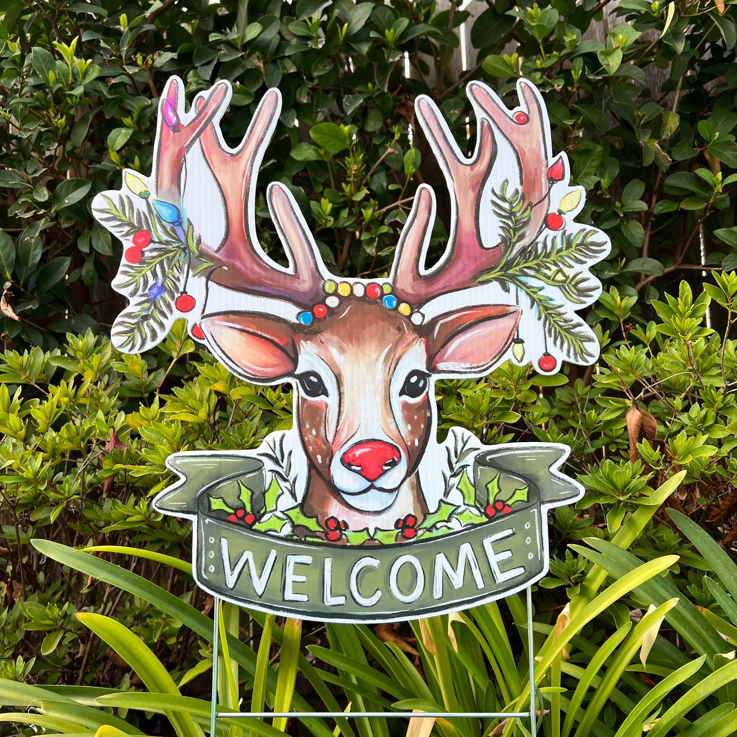 Holiday Deer Welcome Yard Sign - Christmas Outdoor Decor