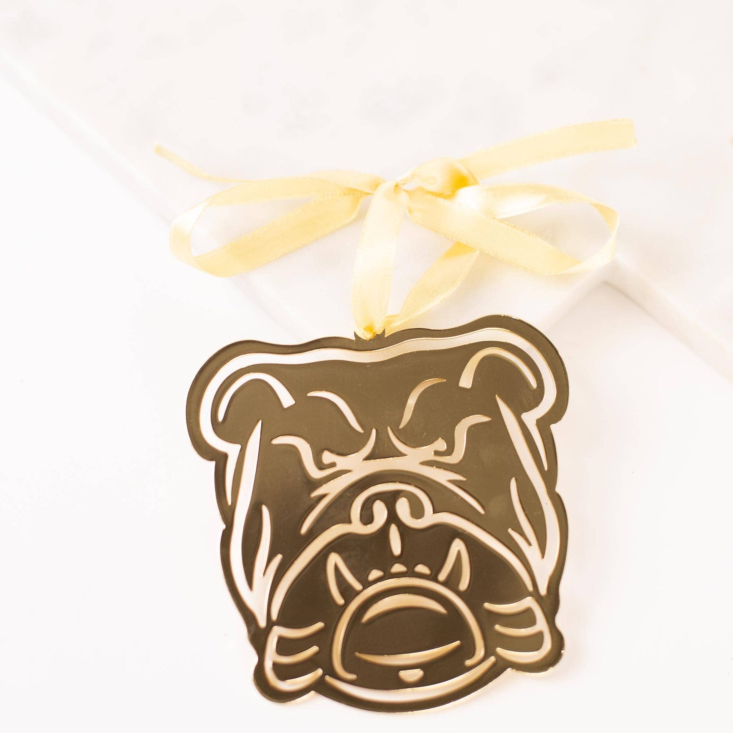 Bulldog Face Ornament   Gold   4"