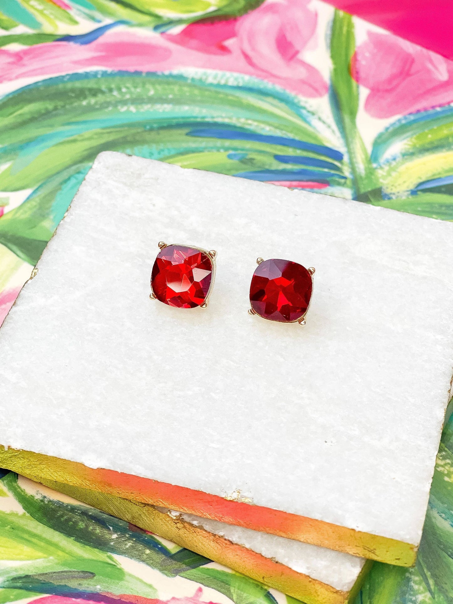 Iridescent Glass Crystal Stud Earrings - Red