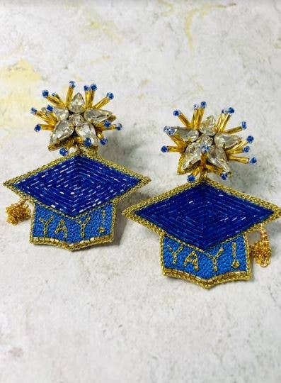 Graduation Hat Beaded Earrings - Blue and Gold