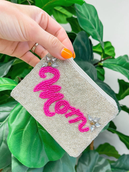 'Mom' Beaded Zip Coin Pouch