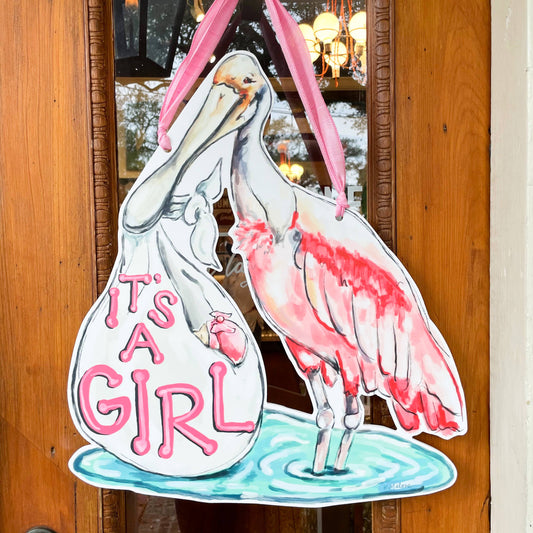 It's A Girl Spoonbill Door Hanger