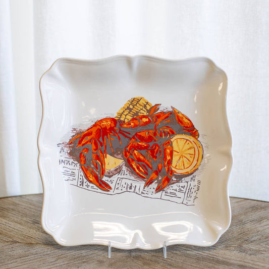 Crawfish Boil Square Platter   White/Multi   11.5x11.5