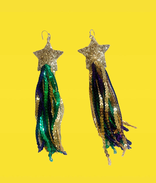 Mardi Gras Star Sequin Dangle Earrings