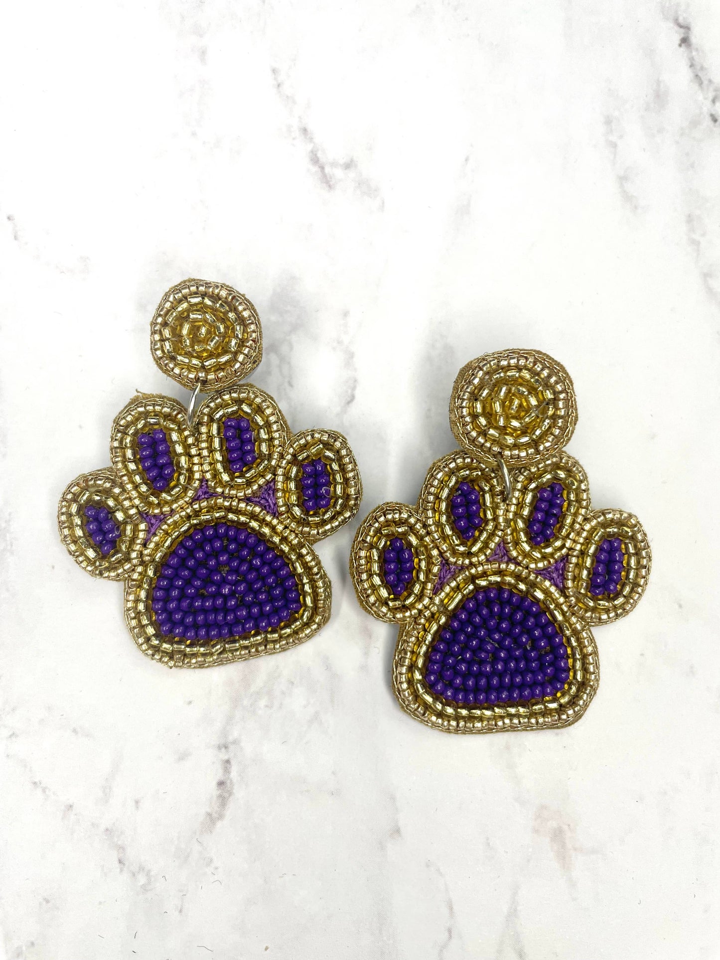 Purple & Gold Football Sports Paw Beaded Earrings