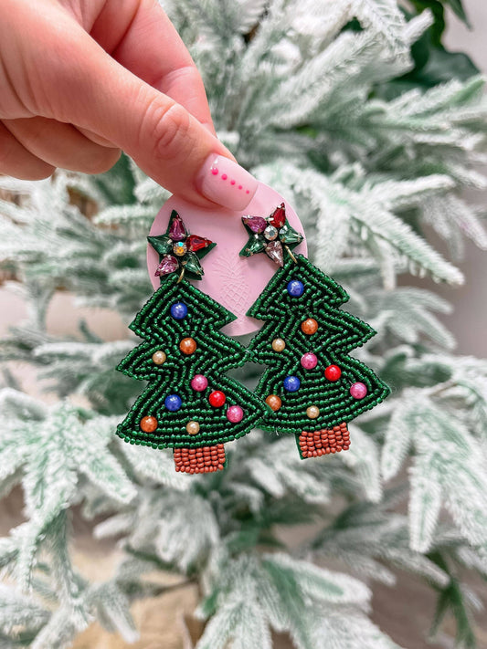 Rainbow Christmas Tree Beaded Dangle Earrings