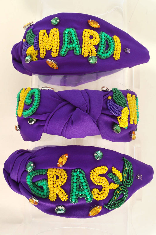 Purple Mardi Gras Tricolor Beaded Knotted Headband