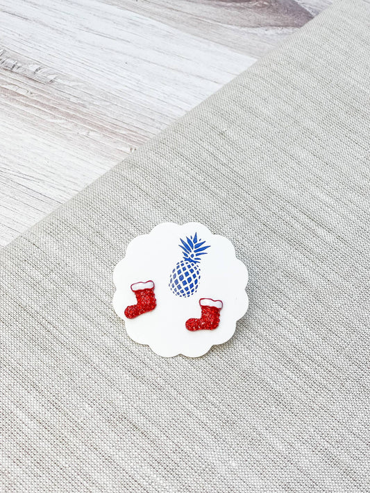 Pave Christmas Stud Earrings - Red Stocking