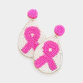 Pink Ribbon Seed Beaded Teardrop Dangle Earrings