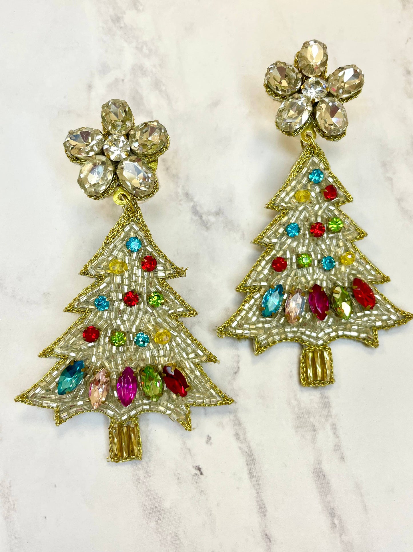 Beaded White & Colorful Stone Christmas Tree Earrings