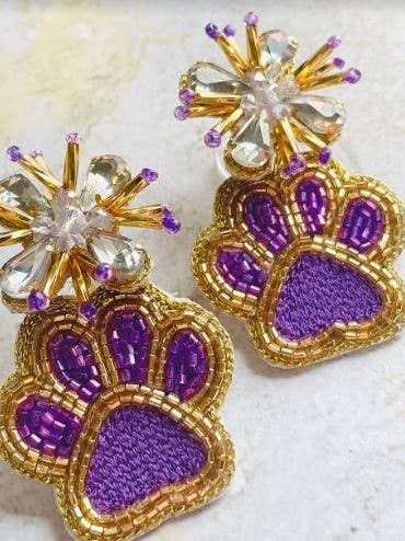 Purple & Gold Paw Beaded Earrings