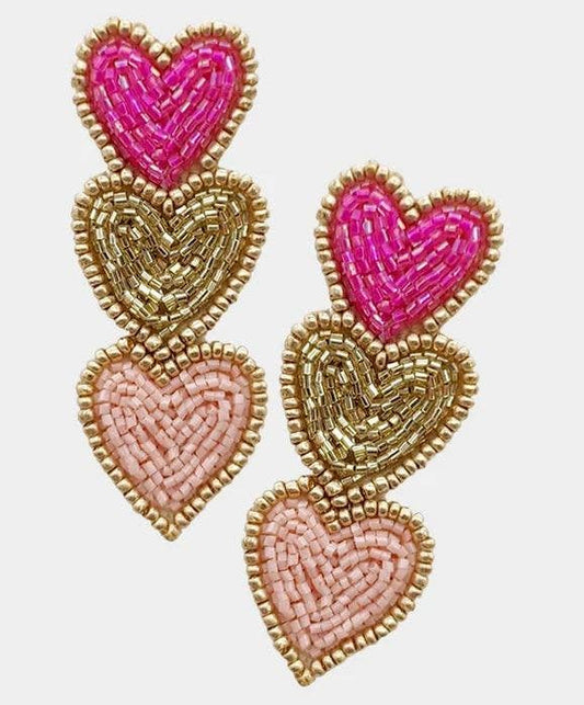 Valentine's Day Triple Hearts Seed Bead Dangle Earrings