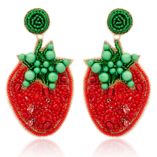 Seed Bead Strawberry Post Dangle Earrings