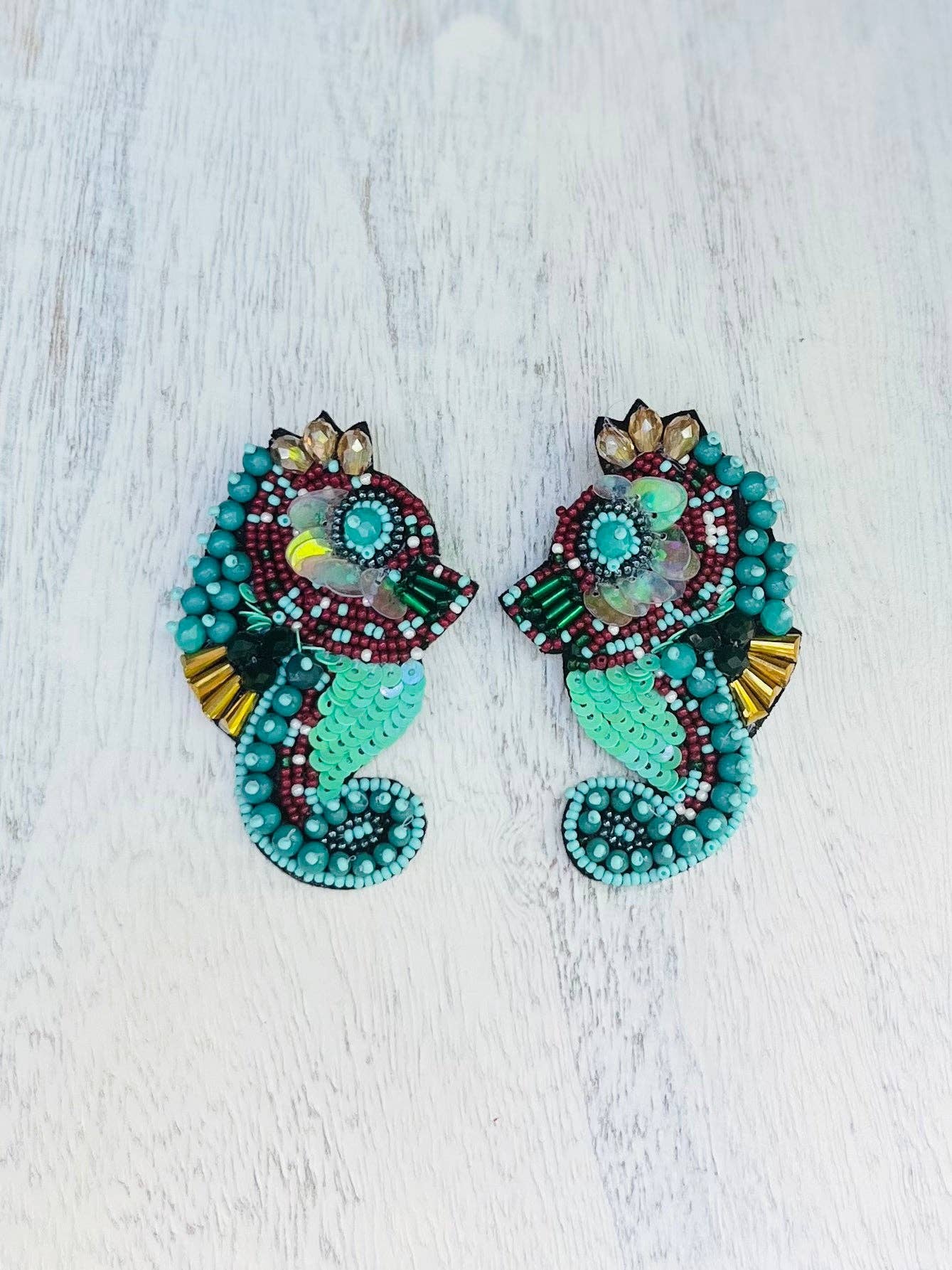 Seahorse Turquoise Beaded Statement Earrings Ocean Beach