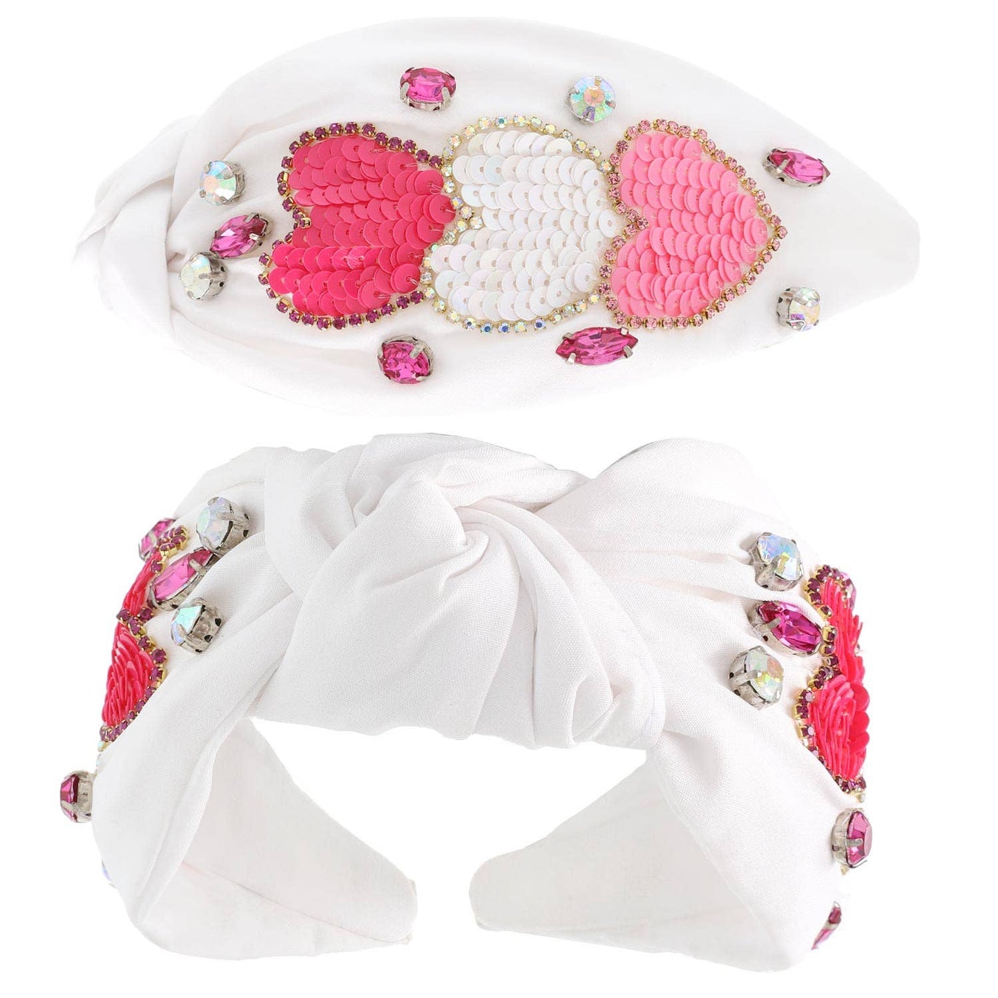 Valentines Day Sequin Hearts Jeweled Headband: White