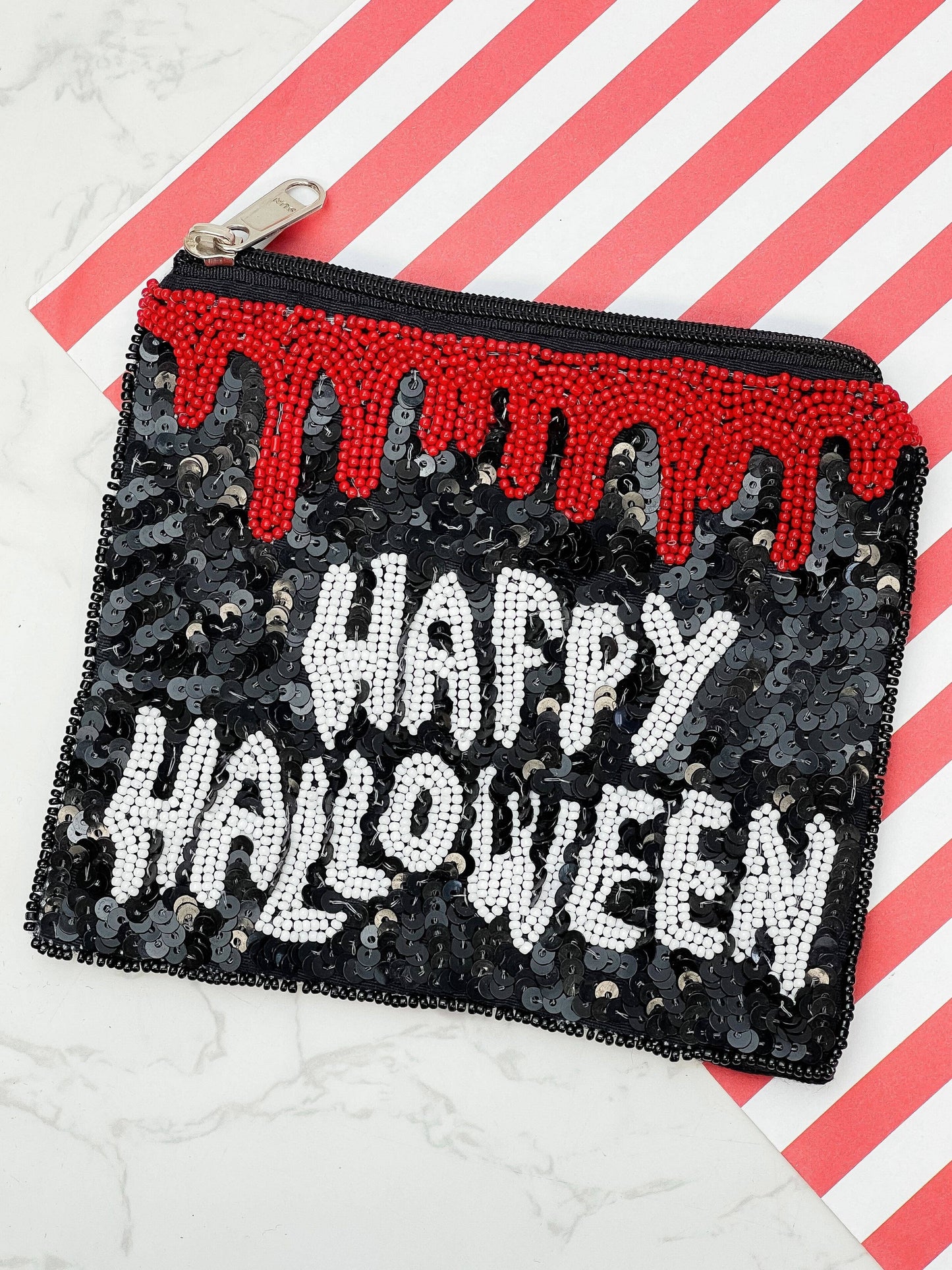 'Happy Halloween' Spooky Beaded Zip Coin Pouch