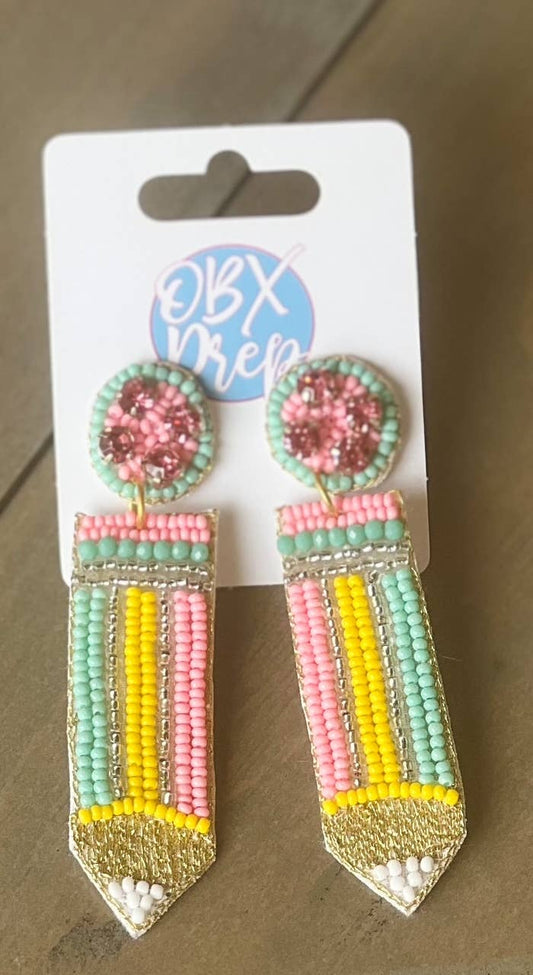 Pencil Teacher Back to School Seed Beaded Drop Earrings