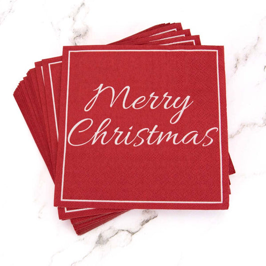 Merry Christmas Script Cocktail Napkins    Red/White   5"