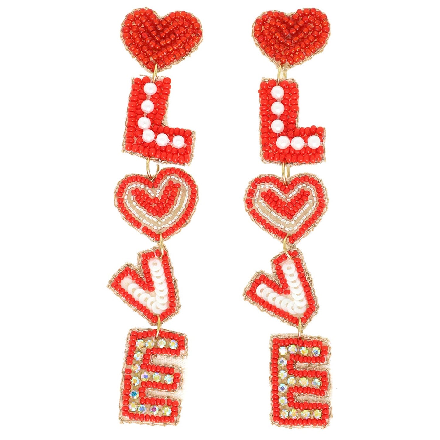 Love Valentine's Letter Jeweled Beaded Earrings: Red
