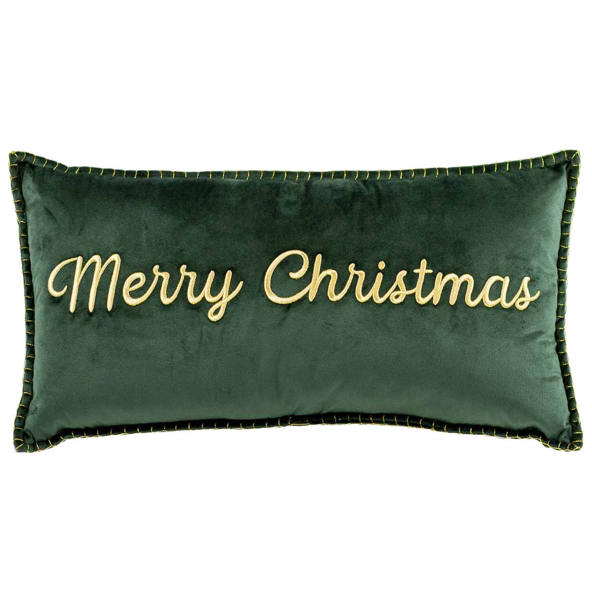 Merry Christmas Embroidered Pillow   Dark Green/Gold   13x24