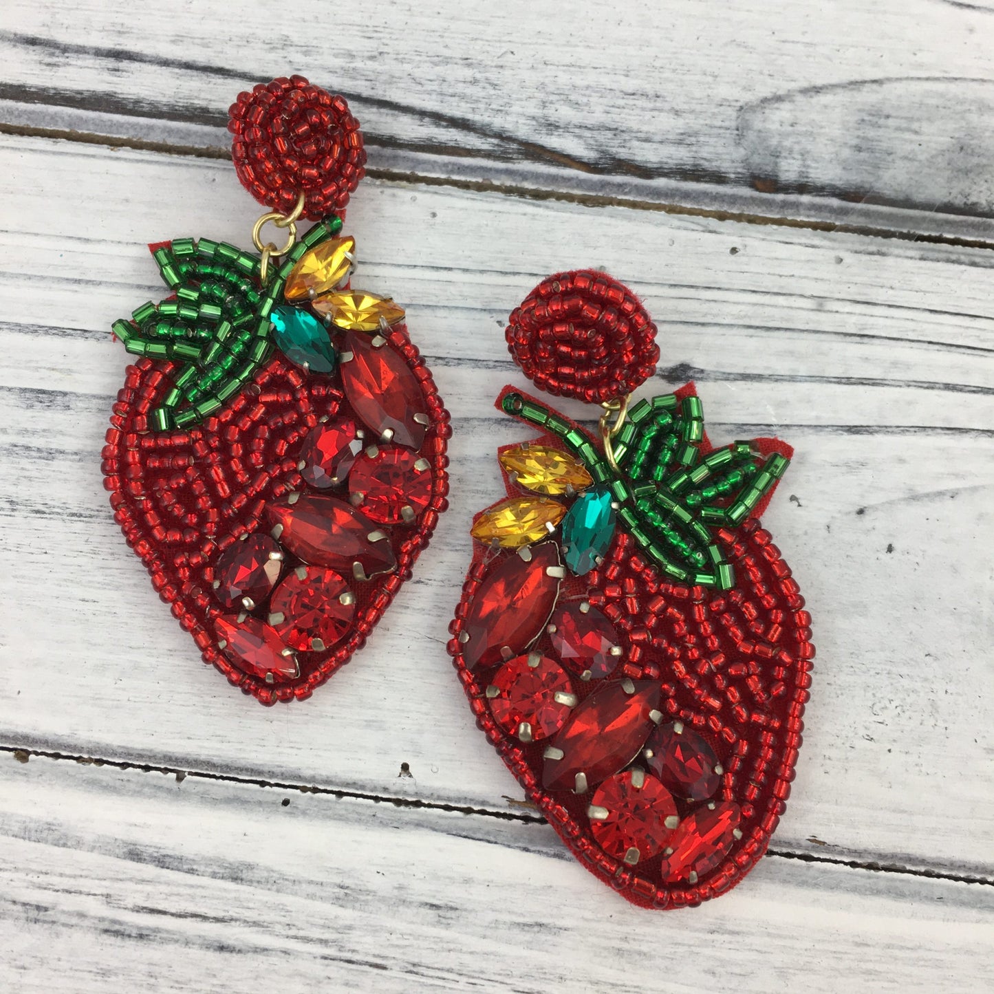 Beaded and Jeweled Strawberry Earrings