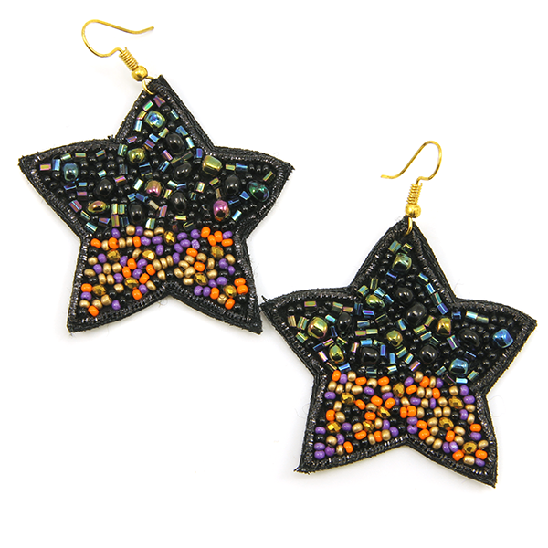 Beaded Black, Orange and Purple Star Earrings
