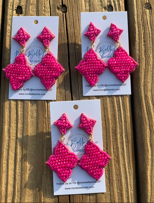 Pink Diamond-shaped Beaded Earrings