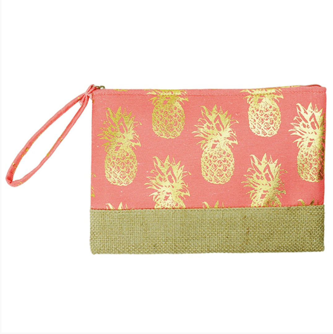 Metallic Pineapple Canvas Cosmetic Bag - Coral and Gold