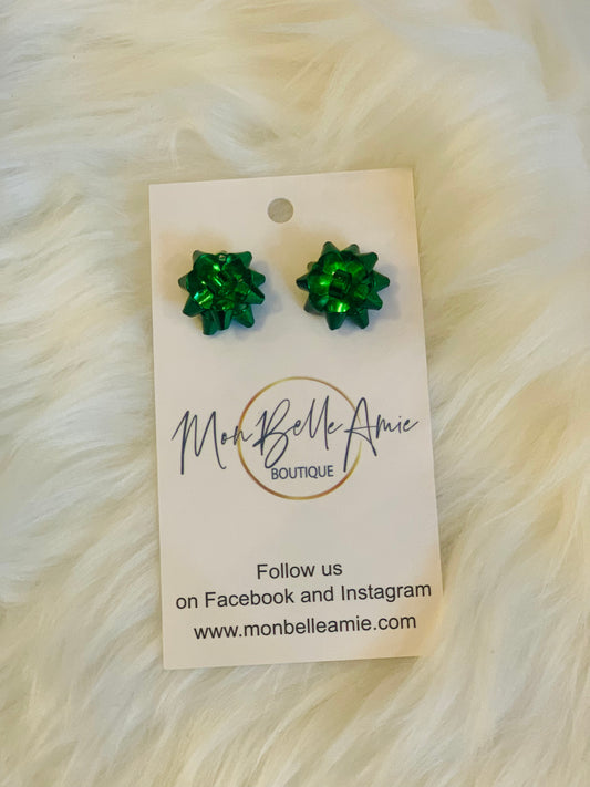 1" Gift Bow Post Earrings - Green