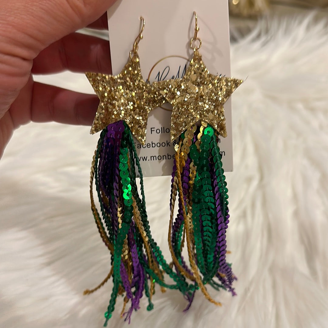 Mardi Gras Star Sequin Dangle Earrings