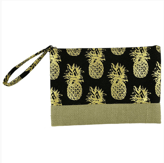 Metallic Pineapple Canvas Cosmetic Bag - Black and Gold