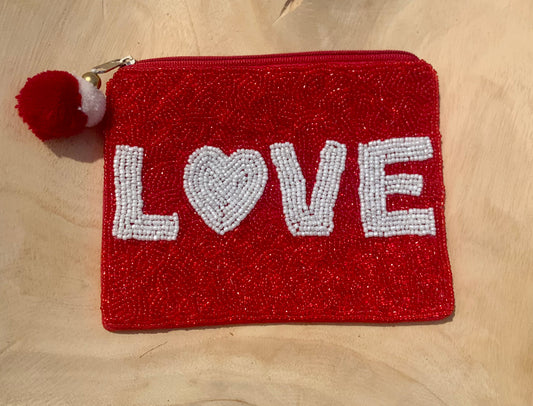 Red Love Seed Bead Coin Purse/Pouch