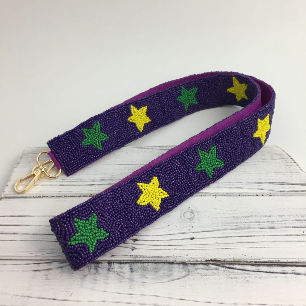 Mardi Gras Beaded Purse Strap - Purple with Yellow and Green Stars
