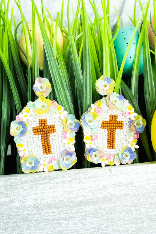 Easter Floral Cross Seed Bead Earrings