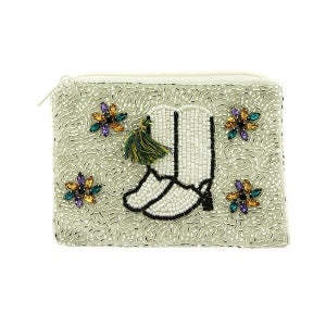 White Marching Boot Seed Bead Coin Purse/Pouch